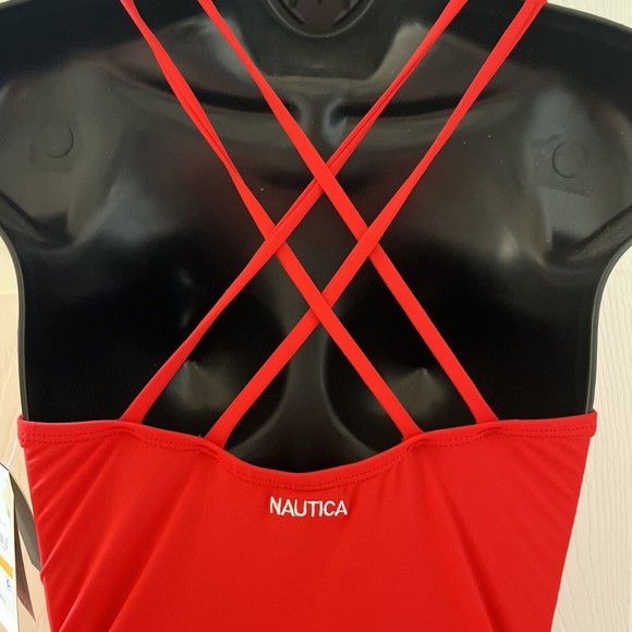 NAUTICA Slimming Swim Suit One Piece Scoop Neck Ruched Back Straps Red Womens S - Picture 5 of 12